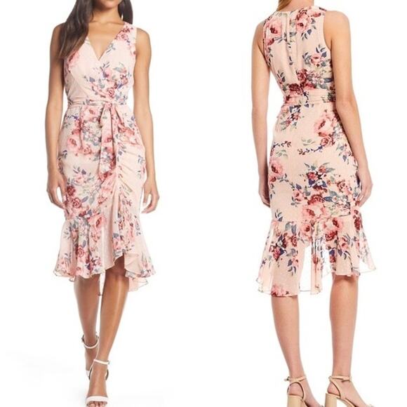 Eliza J Sleeveless Flutter Hem Textured Blush Pink Floral Shirred Dress Size 4 - Picture 1 of 14